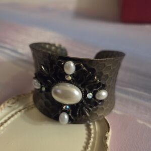 Vintage Bronze-Tone Pearl Accent Cuff Bracelet